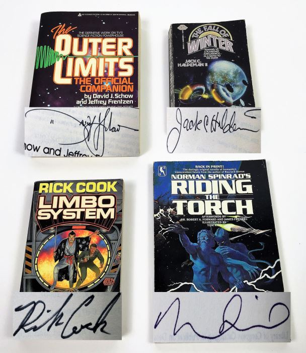 David J. Schow & Jeffrey Frentzen - The Outer Limits: The Official Companion - Signed by David J. Schow; The Fall of Winter - Signed by Jack Haldeman; Limbo System - Signed by Rick Cook; Riding the Torch - Signed by Norman Spinrad [Photo 1]