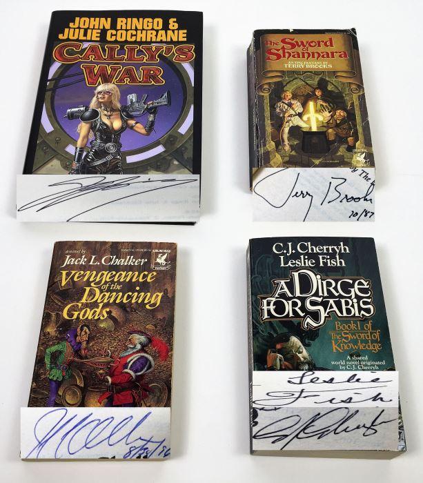 John Ringo & Julie Cochrane: Cally's War - Signed by John Ringo; The Sword of Shannara - Signed by Terry Brooks; Vengeance of the Dancing Gods - Signed by Jack L. Chalker; A Dirge for Sabis - Signed by C.J. Cherryh & Leslie Fish [Photo 1]