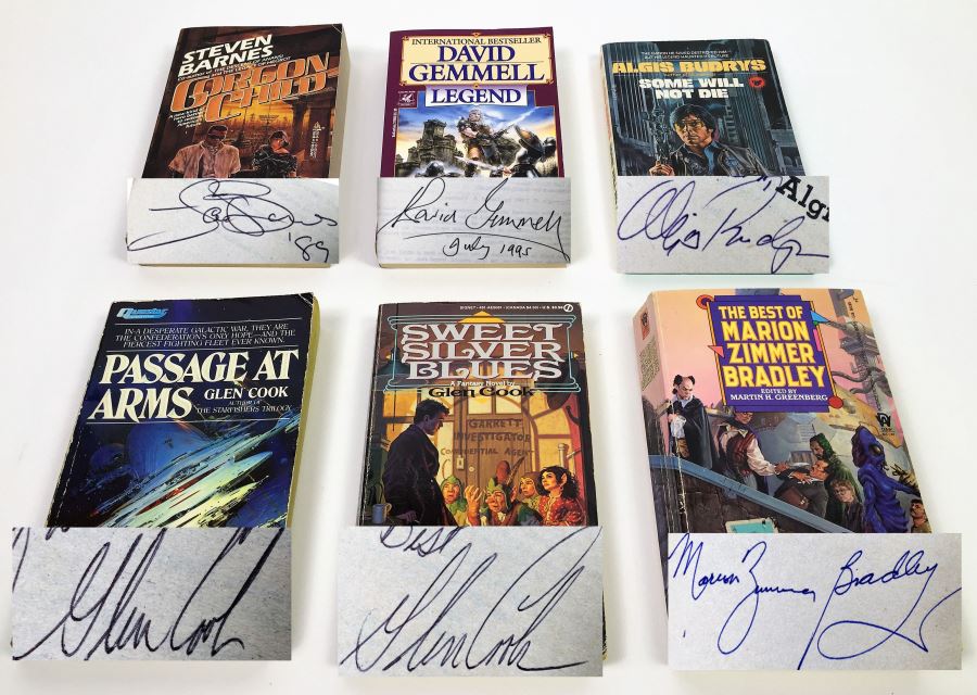 Gorgon Child - Signed by Steven Barnes; Legend - Signed by David Gemmell; Some Will Not Die - Signed by Algis Budrys; Passage at Arms - Signed by Glen Cook; Sweet Silver Blues - Signed by Glen Cook; The Best of Marion Zimmer Bradley - Signed [Photo 1]