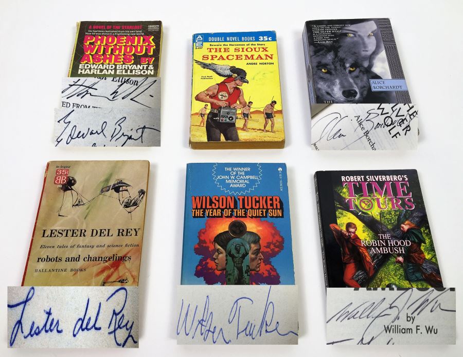Sioux Spaceman/And Then the Town Took Off; Signed: Phoenix Without Ashes - Edward Bryant & Harlan Ellison; The Silver Wolf - Alice Borchardt; robots & changelings - Lester del Rey; The Year of the Quiet Sun - Wilson Tucker & Time Tours - William F. Wu  [Photo 1]