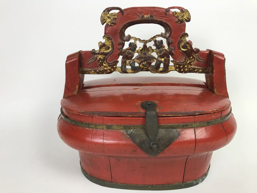 Chinese Red Lacquer Gilded Antique Wooden Wedding Basket Carved Figures Brass Closure With Handle 14' Wide [Photo 2]