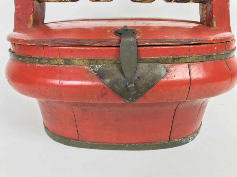 Chinese Red Lacquer Gilded Antique Wooden Wedding Basket Carved Figures Brass Closure With Handle 14' Wide [Photo 9]