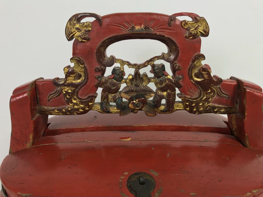 Chinese Red Lacquer Gilded Antique Wooden Wedding Basket Carved Figures Brass Closure With Handle 14' Wide [Photo 7]