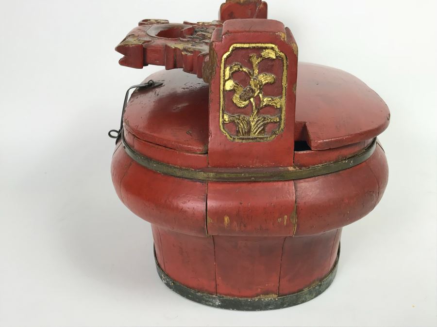 Chinese Red Lacquer Gilded Antique Wooden Wedding Basket Carved Figures Brass Closure With Handle 14' Wide [Photo 21]