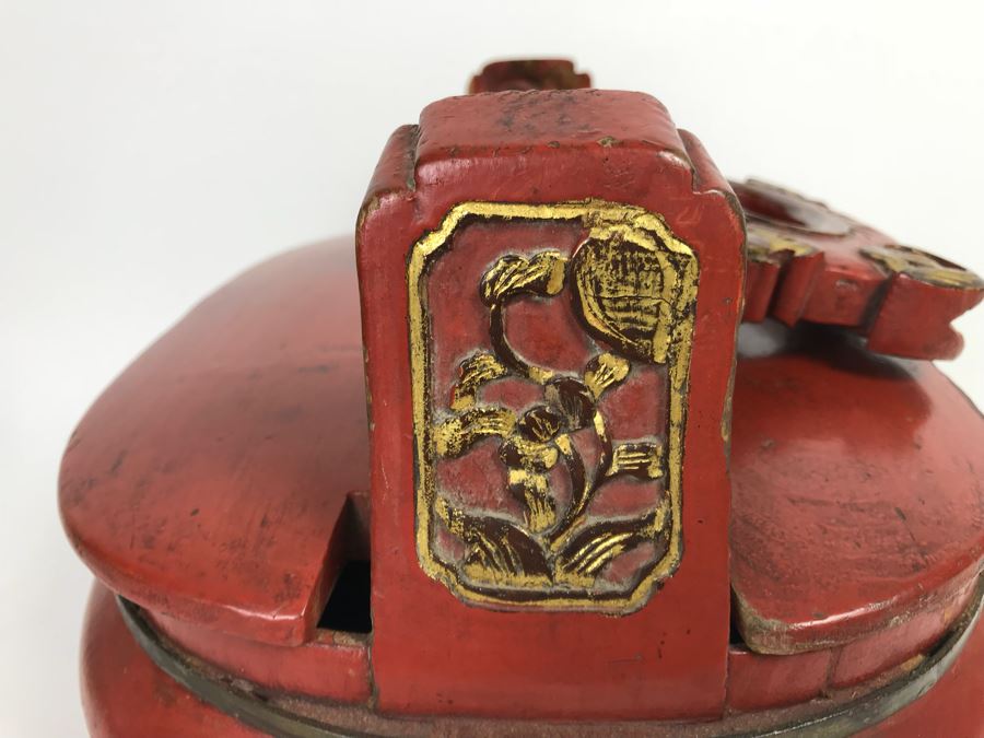 Chinese Red Lacquer Gilded Antique Wooden Wedding Basket Carved Figures Brass Closure With Handle 14' Wide [Photo 13]