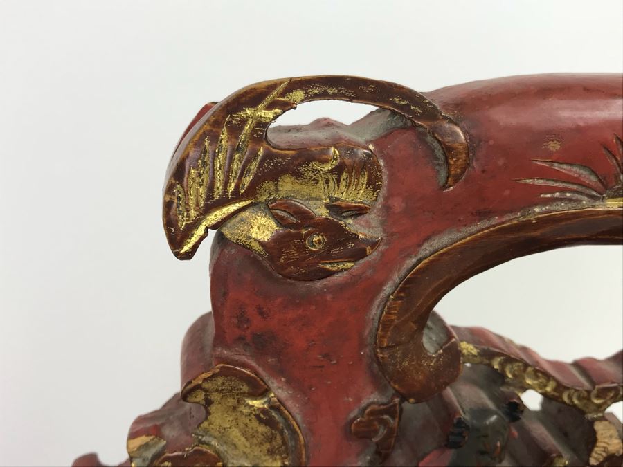 Chinese Red Lacquer Gilded Antique Wooden Wedding Basket Carved Figures Brass Closure With Handle 14' Wide [Photo 20]