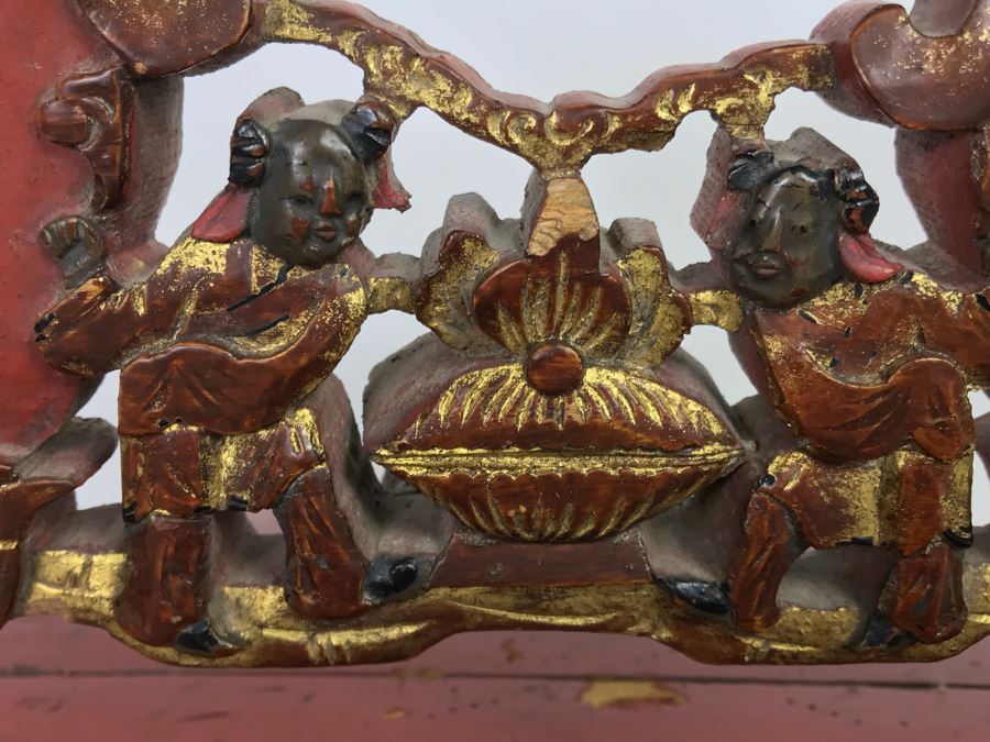Chinese Red Lacquer Gilded Antique Wooden Wedding Basket Carved Figures Brass Closure With Handle 14' Wide [Photo 19]