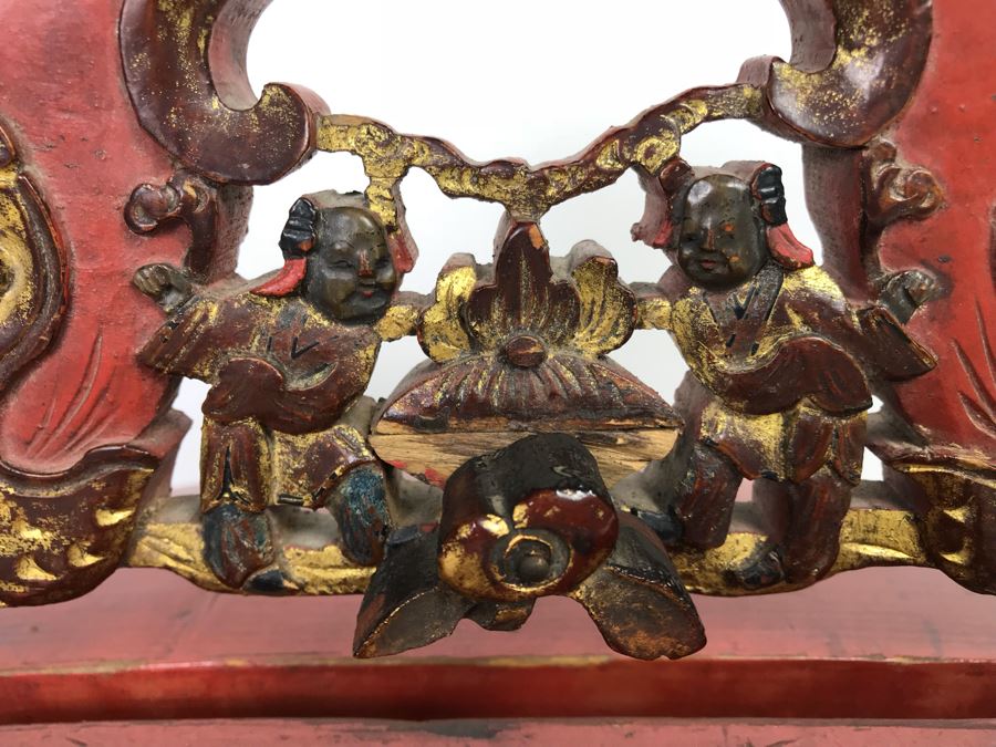 Chinese Red Lacquer Gilded Antique Wooden Wedding Basket Carved Figures Brass Closure With Handle 14' Wide [Photo 4]