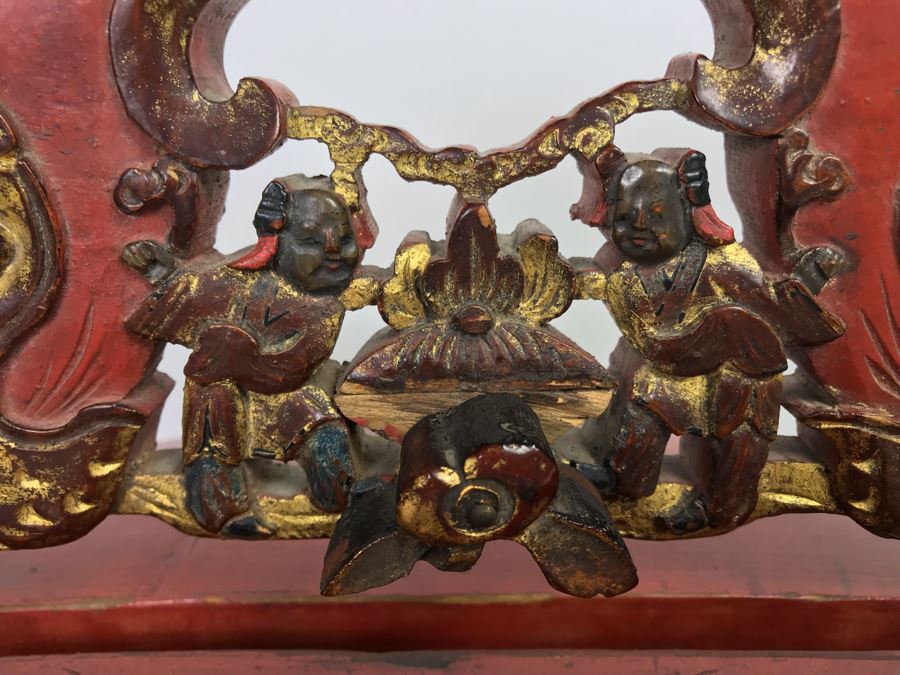 Chinese Red Lacquer Gilded Antique Wooden Wedding Basket Carved Figures Brass Closure With Handle 14' Wide [Photo 5]