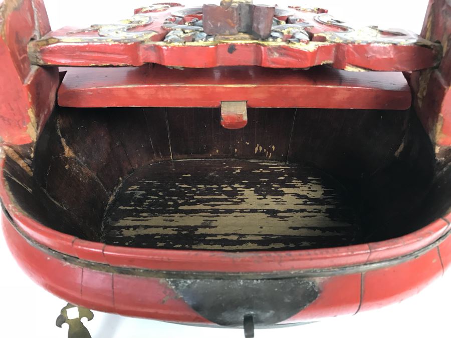 Chinese Red Lacquer Gilded Antique Wooden Wedding Basket Carved Figures Brass Closure With Handle 14' Wide [Photo 23]
