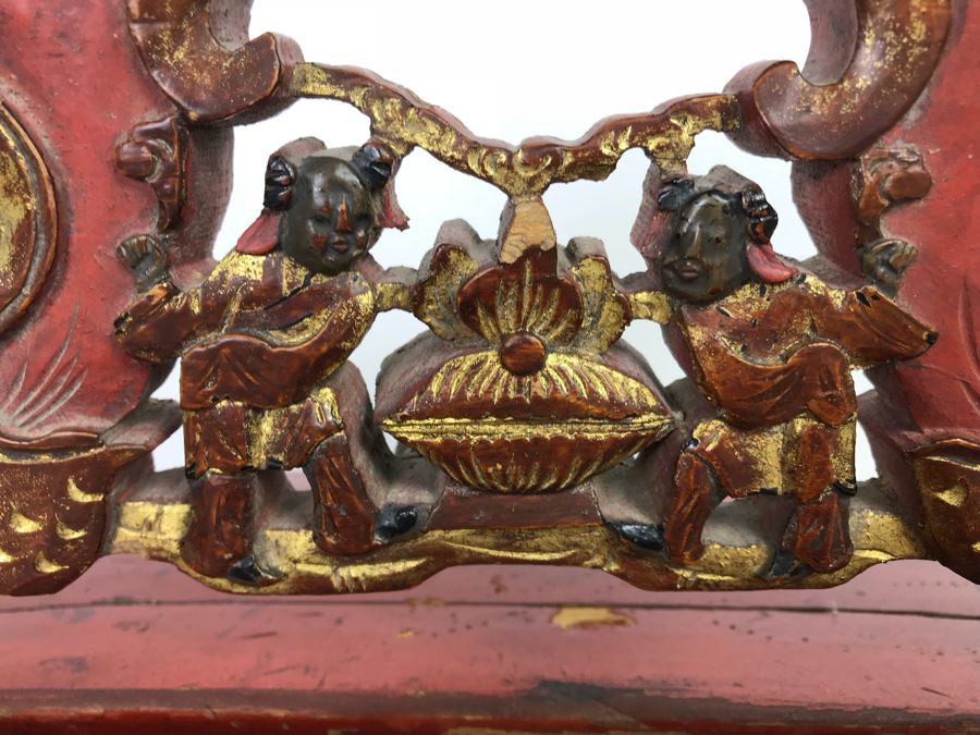 Chinese Red Lacquer Gilded Antique Wooden Wedding Basket Carved Figures Brass Closure With Handle 14' Wide [Photo 16]