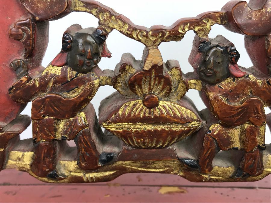 Chinese Red Lacquer Gilded Antique Wooden Wedding Basket Carved Figures Brass Closure With Handle 14' Wide [Photo 18]