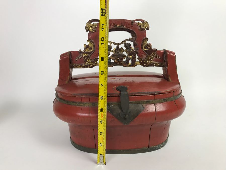 Chinese Red Lacquer Gilded Antique Wooden Wedding Basket Carved Figures Brass Closure With Handle 14' Wide [Photo 25]