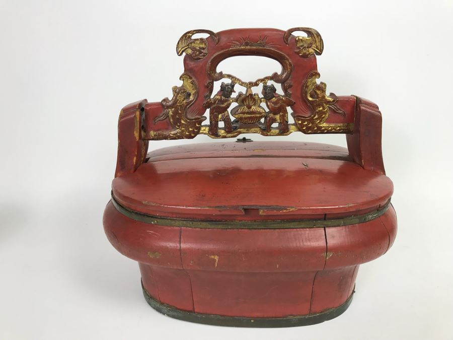 Chinese Red Lacquer Gilded Antique Wooden Wedding Basket Carved Figures Brass Closure With Handle 14' Wide [Photo 14]
