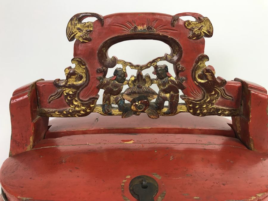 Chinese Red Lacquer Gilded Antique Wooden Wedding Basket Carved Figures Brass Closure With Handle 14' Wide [Photo 6]