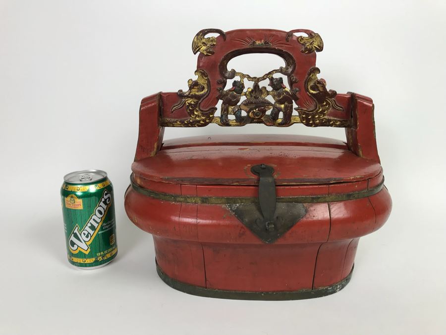 Chinese Red Lacquer Gilded Antique Wooden Wedding Basket Carved Figures Brass Closure With Handle 14' Wide