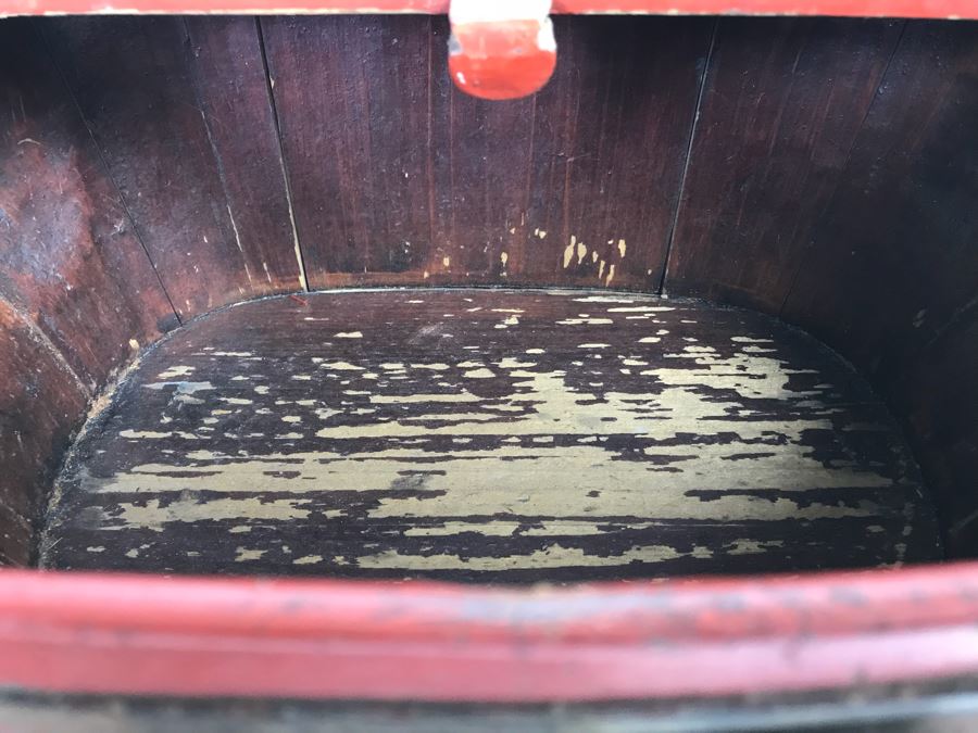 Chinese Red Lacquer Gilded Antique Wooden Wedding Basket Carved Figures Brass Closure With Handle 14' Wide [Photo 24]