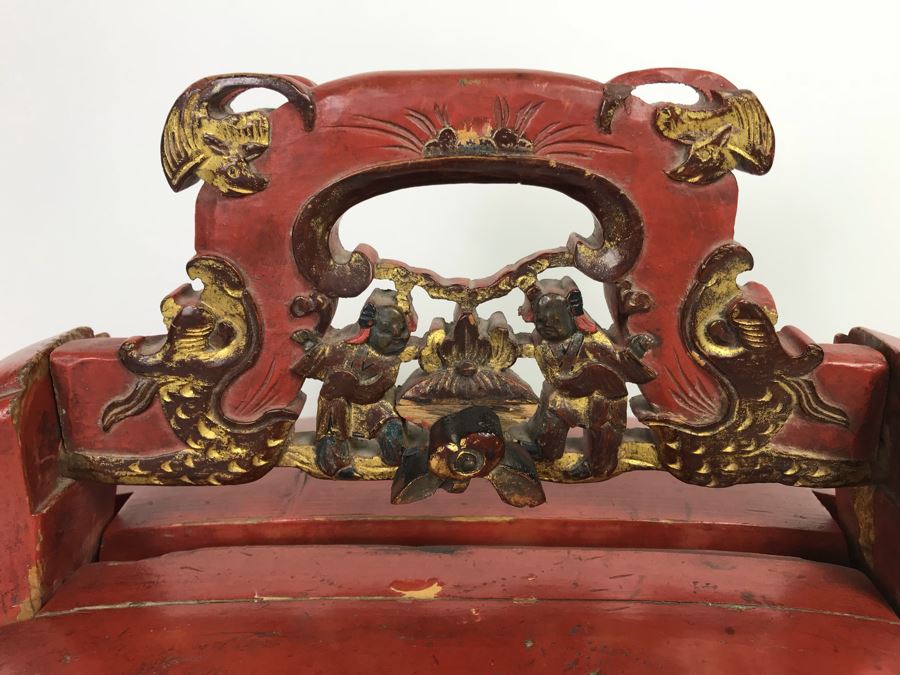 Chinese Red Lacquer Gilded Antique Wooden Wedding Basket Carved Figures Brass Closure With Handle 14' Wide [Photo 3]