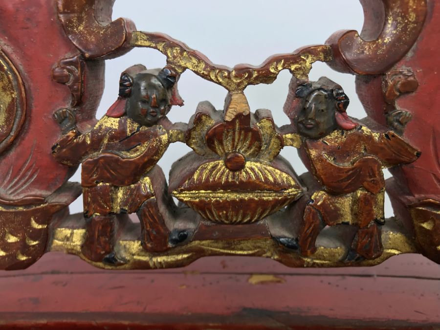Chinese Red Lacquer Gilded Antique Wooden Wedding Basket Carved Figures Brass Closure With Handle 14' Wide [Photo 17]