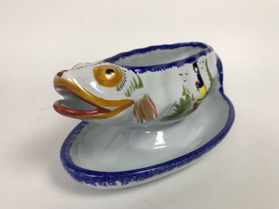 Henriot Quimper France Gravy Boat Fish With Attached Underplate