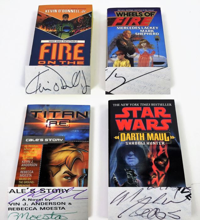 Fire on the Border - Signed by Kevin O'Donnell, Jr.; Wheels of Fire - Signed by Mercedes Lackey; Titan A.E.: Cale's Story - Signed by Kevin J. Anderson & Rebecca Moesta; Star Wars: Darth Maul Shadow Hunter - Signed by Michael Reaves [Photo 1]