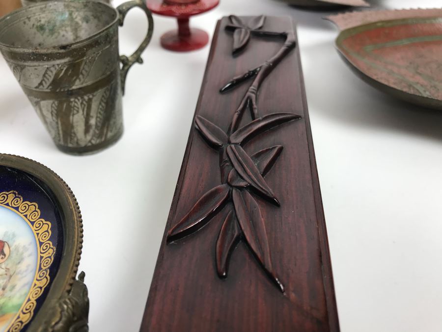 Home Decor Lot With Copper Ewer, Wooden Asian Box With Chopsticks, Chased Brass Fish Trays, Porcelain Footed Trinket Dish And More [Photo 8]