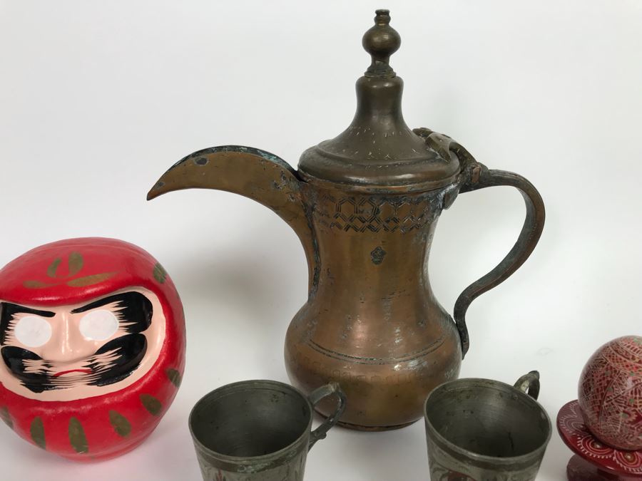 Home Decor Lot With Copper Ewer, Wooden Asian Box With Chopsticks, Chased Brass Fish Trays, Porcelain Footed Trinket Dish And More [Photo 15]