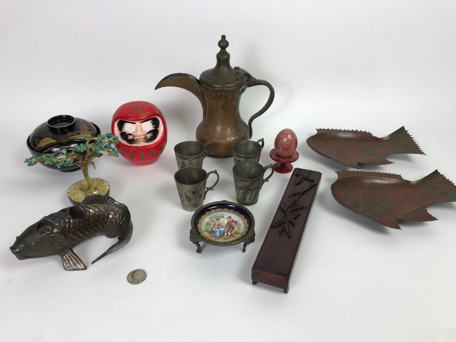 Home Decor Lot With Copper Ewer, Wooden Asian Box With Chopsticks, Chased Brass Fish Trays, Porcelain Footed Trinket Dish And More [Photo 2]