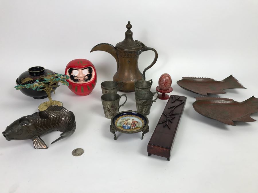 Home Decor Lot With Copper Ewer, Wooden Asian Box With Chopsticks, Chased Brass Fish Trays, Porcelain Footed Trinket Dish And More [Photo 1]