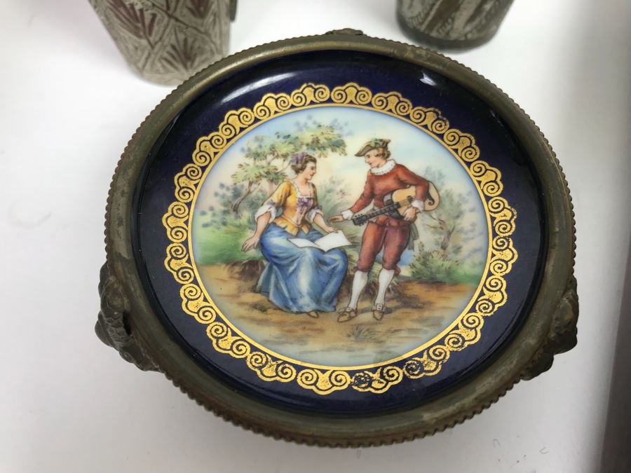 Home Decor Lot With Copper Ewer, Wooden Asian Box With Chopsticks, Chased Brass Fish Trays, Porcelain Footed Trinket Dish And More [Photo 5]