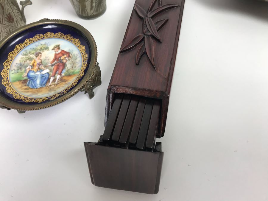 Home Decor Lot With Copper Ewer, Wooden Asian Box With Chopsticks, Chased Brass Fish Trays, Porcelain Footed Trinket Dish And More [Photo 9]