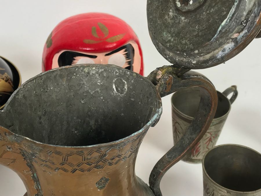 Home Decor Lot With Copper Ewer, Wooden Asian Box With Chopsticks, Chased Brass Fish Trays, Porcelain Footed Trinket Dish And More [Photo 35]