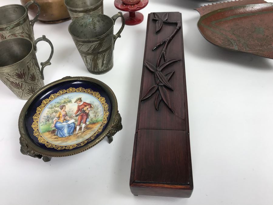 Home Decor Lot With Copper Ewer, Wooden Asian Box With Chopsticks, Chased Brass Fish Trays, Porcelain Footed Trinket Dish And More [Photo 7]