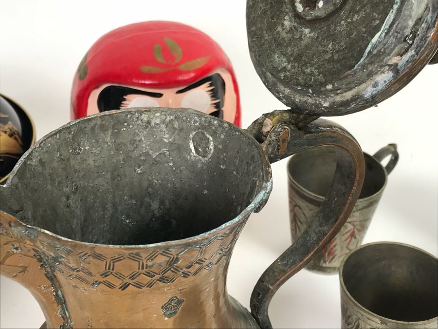 Home Decor Lot With Copper Ewer, Wooden Asian Box With Chopsticks, Chased Brass Fish Trays, Porcelain Footed Trinket Dish And More [Photo 34]