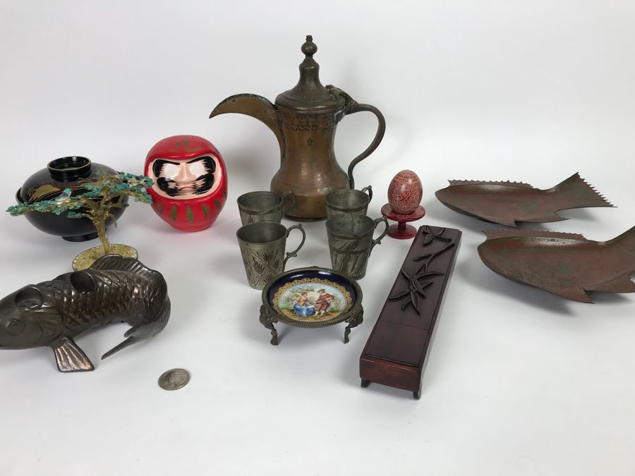 Home Decor Lot With Copper Ewer, Wooden Asian Box With Chopsticks, Chased Brass Fish Trays, Porcelain Footed Trinket Dish And More [Photo 3]