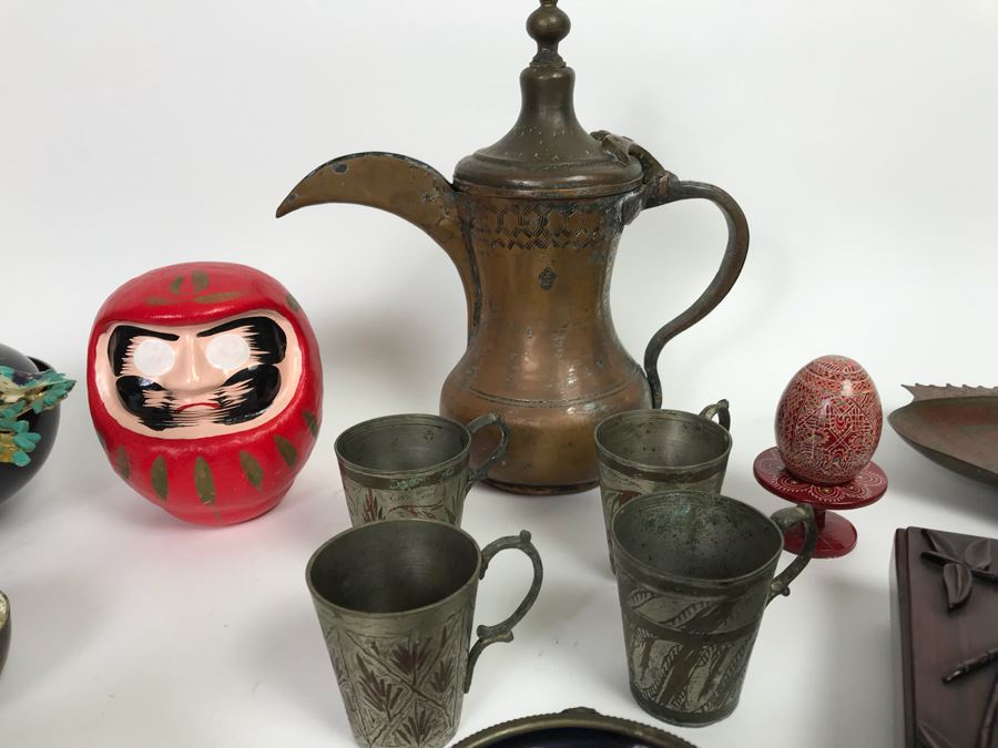 Home Decor Lot With Copper Ewer, Wooden Asian Box With Chopsticks, Chased Brass Fish Trays, Porcelain Footed Trinket Dish And More [Photo 6]