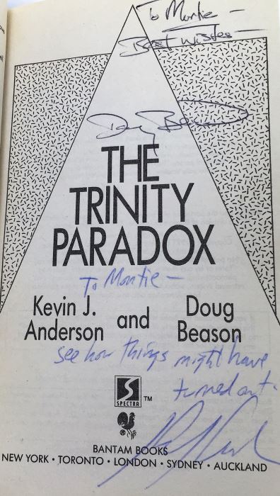 Dome - Signed by Steve Perry & Michael Reeves; The Trinity Paradox - Signed by Doug Beason & Kevin J. Anderson; The Fugitive Worlds by Bob Shaw; Smallville (x2) - Signed by Devin Grayson (x2) [Photo 13]