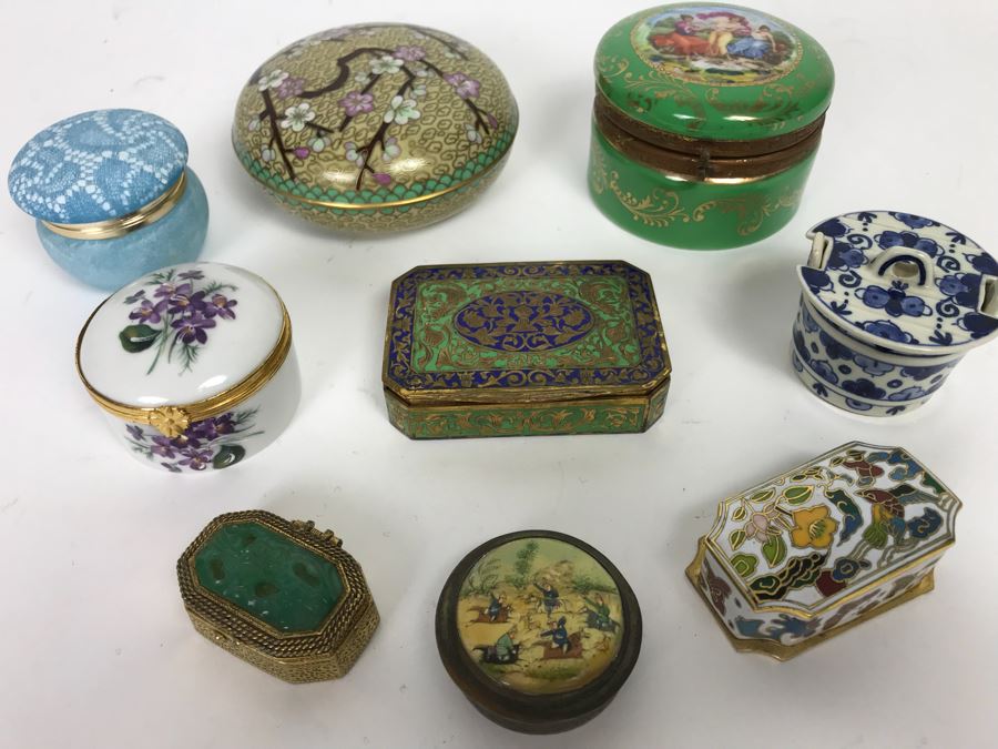 Collection Of Trinket Boxes And Ladies Compacts Porcelain, Cloisonne ...
