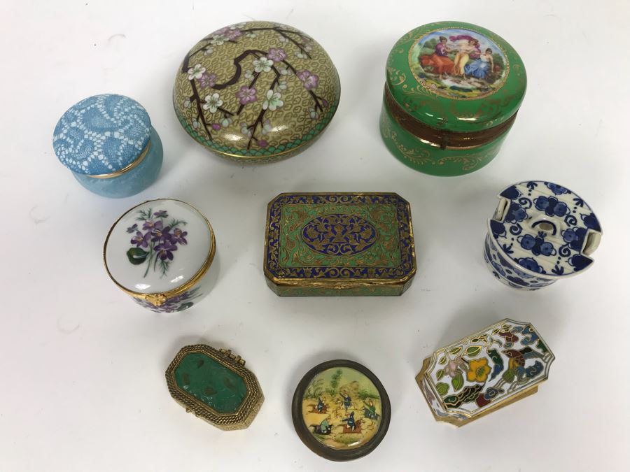 Collection Of Trinket Boxes And Ladies Compacts Porcelain, Cloisonne, Alabaster