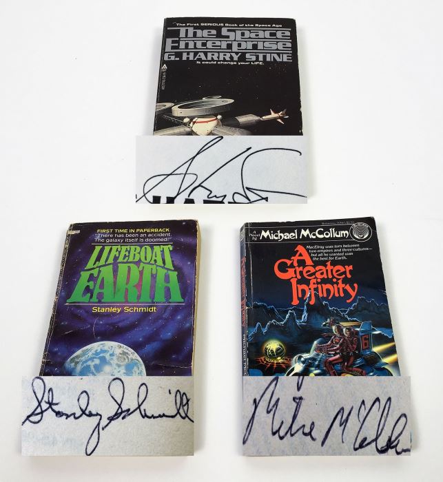 The Space Enterprise - Signed by G. Harry Stine; Lifeboat Earth - Signed by Stanley Schmidt; A Greater Infinity - Signed by Michael McCollom [Photo 1]