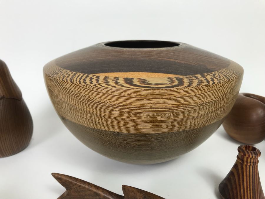 Collection Of Carved And Turned Wooden Art Objects Including A Signed Turned Wooden Bowl By Eugene Santillanes (1935-2015) And Van Cort Instruments Dragonfly [Photo 10]