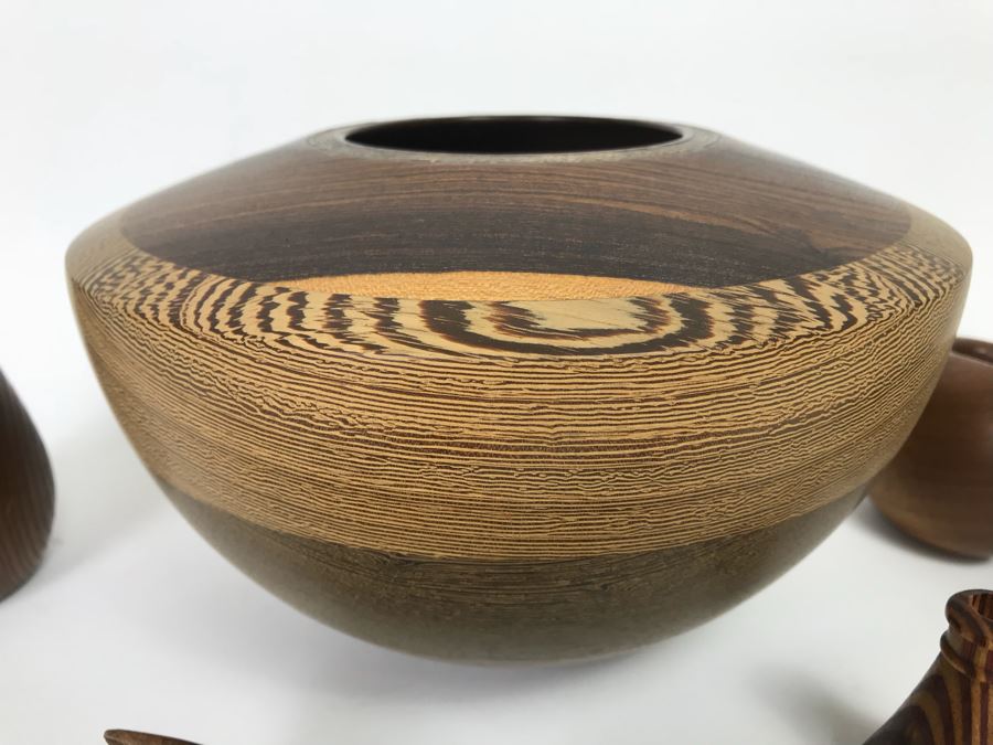 Collection Of Carved And Turned Wooden Art Objects Including A Signed Turned Wooden Bowl By Eugene Santillanes (1935-2015) And Van Cort Instruments Dragonfly [Photo 2]