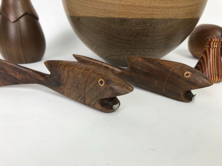 Collection Of Carved And Turned Wooden Art Objects Including A Signed Turned Wooden Bowl By Eugene Santillanes (1935-2015) And Van Cort Instruments Dragonfly [Photo 7]