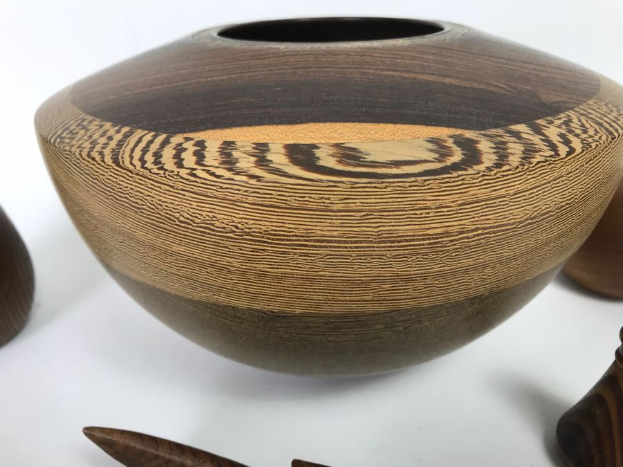 Collection Of Carved And Turned Wooden Art Objects Including A Signed Turned Wooden Bowl By Eugene Santillanes (1935-2015) And Van Cort Instruments Dragonfly [Photo 13]