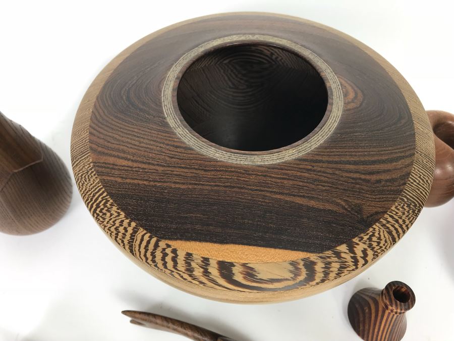 Collection Of Carved And Turned Wooden Art Objects Including A Signed Turned Wooden Bowl By Eugene Santillanes (1935-2015) And Van Cort Instruments Dragonfly [Photo 11]