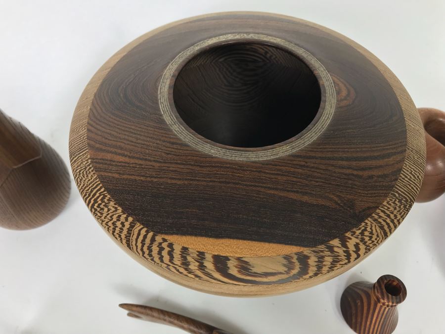 Collection Of Carved And Turned Wooden Art Objects Including A Signed Turned Wooden Bowl By Eugene Santillanes (1935-2015) And Van Cort Instruments Dragonfly [Photo 12]