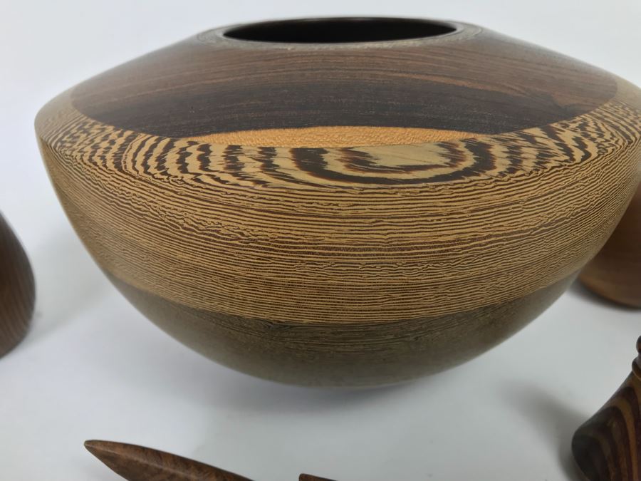 Collection Of Carved And Turned Wooden Art Objects Including A Signed Turned Wooden Bowl By Eugene Santillanes (1935-2015) And Van Cort Instruments Dragonfly [Photo 14]