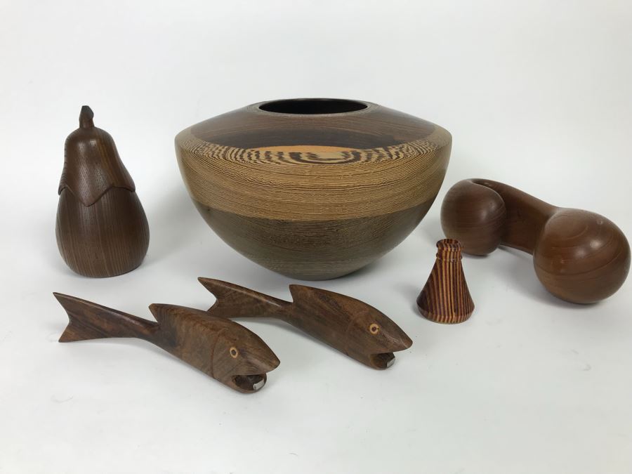 Collection Of Carved And Turned Wooden Art Objects Including A Signed Turned Wooden Bowl By Eugene Santillanes (1935-2015) And Van Cort Instruments Dragonfly [Photo 1]