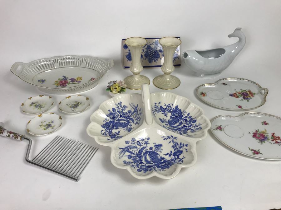 Wedgwood Cornflower Divided Bowl, LENOX Candlesticks, DANSK Gravy Boat, Angel Food Cake Cutter And Various China [Photo 3]