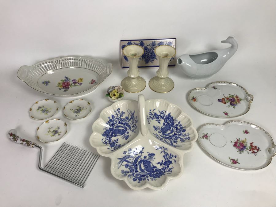 Wedgwood Cornflower Divided Bowl, LENOX Candlesticks, DANSK Gravy Boat, Angel Food Cake Cutter And Various China [Photo 2]